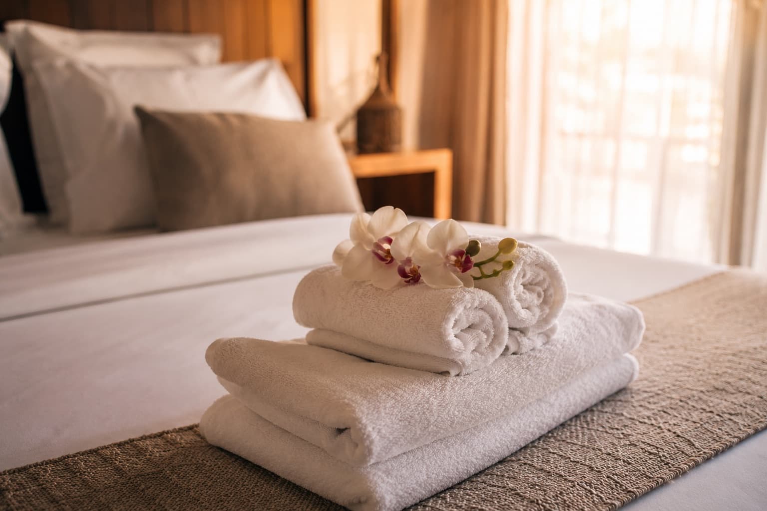 Suite towels folded with orchid, omotenashi preparation detail
