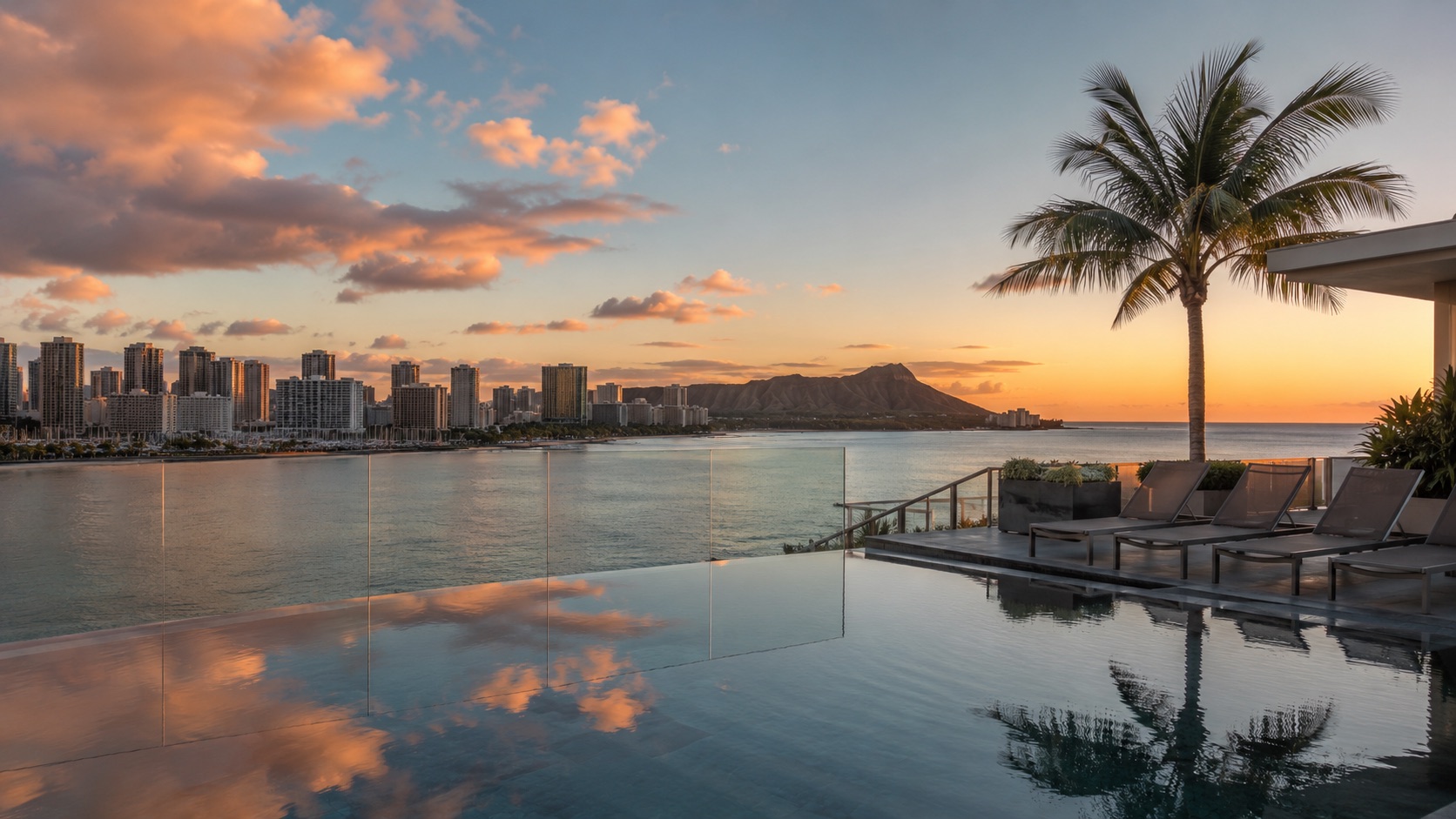 Golden-hour view across the Waikiki skyline from a pool deck