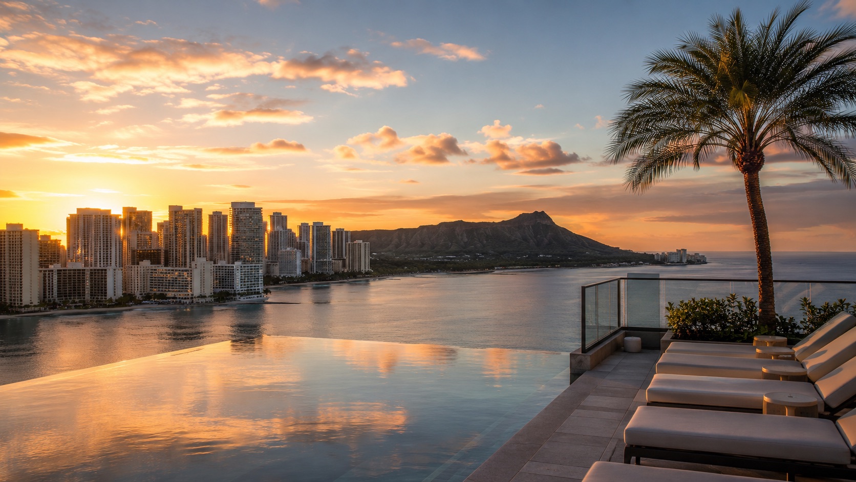 Sunset glow over a Waikiki pool deck