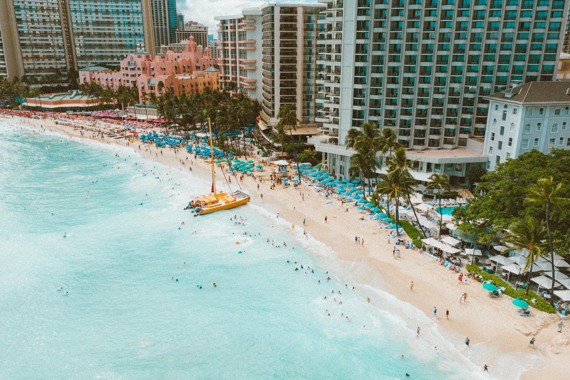Waikiki Beach shoreline with Diamond Head in the distance